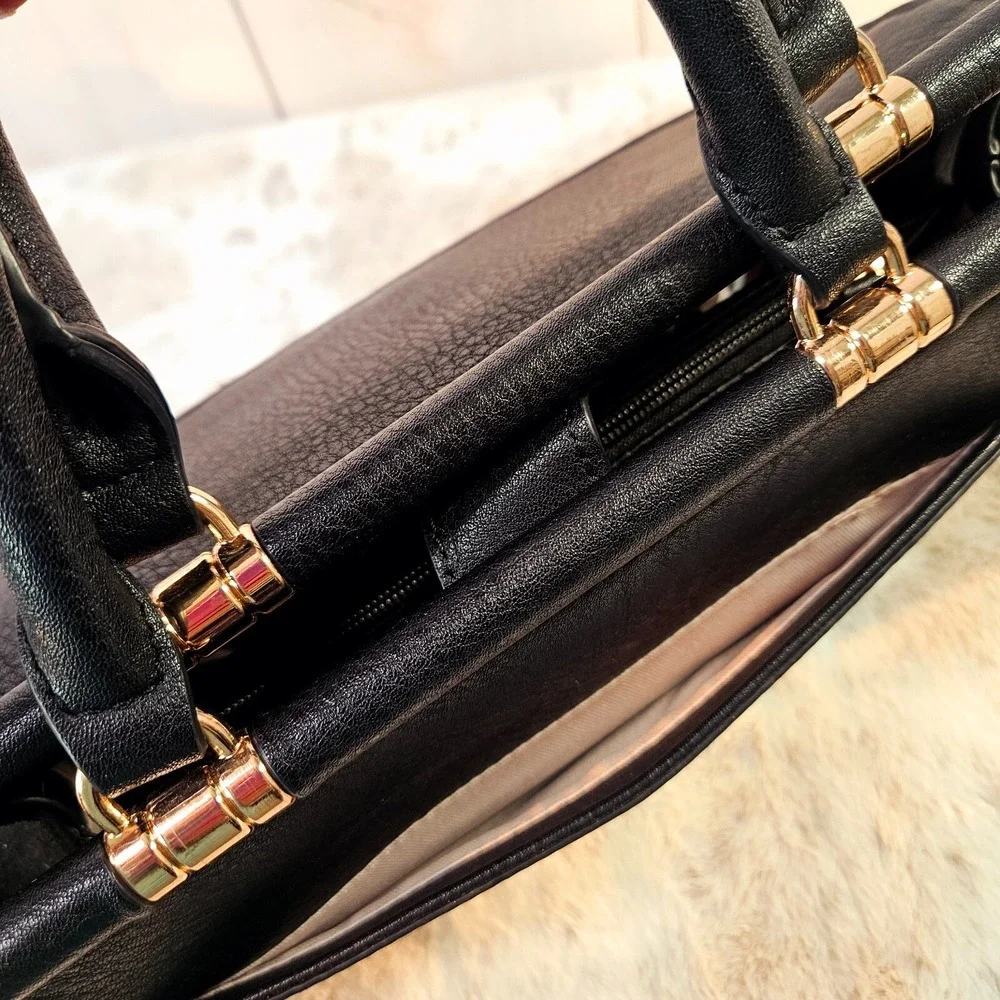 Lauren Conrad Black Faux Pebble‎ Leather & Suede Handbag Satchel Purse Rose Gold